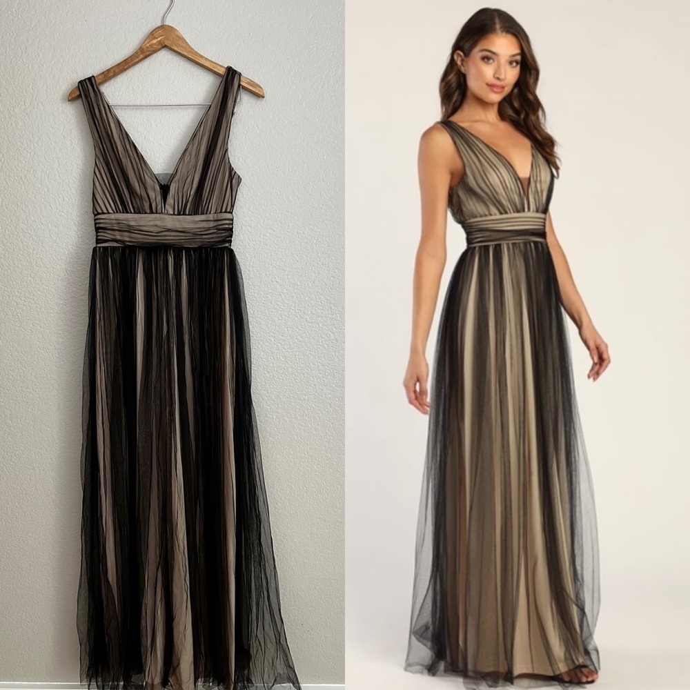 NWOT Precious Beauty Black and Beige Tulle Sleeveless Maxi Dress